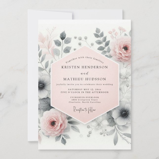 Convites Casamento Floral Sofisticado Rosa Bege (Frente)