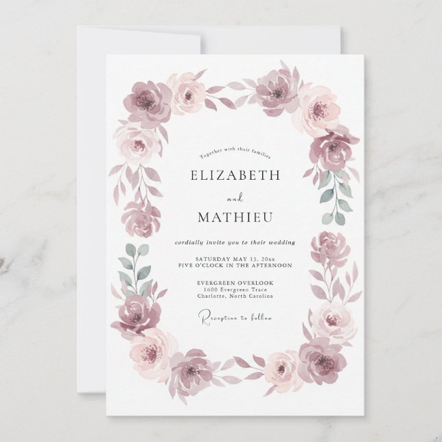 Convites Casamento Floral Sofisticado Rosa Malva (Frente)