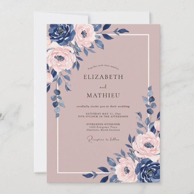 Convites Casamento Floral Solene Navy Mauve (Frente)
