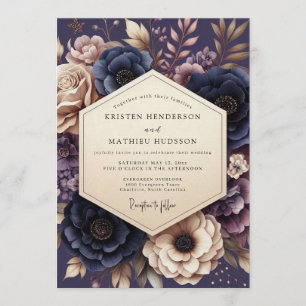 Convites Casamento Floral Sombrio Azul-Marinho e Bege