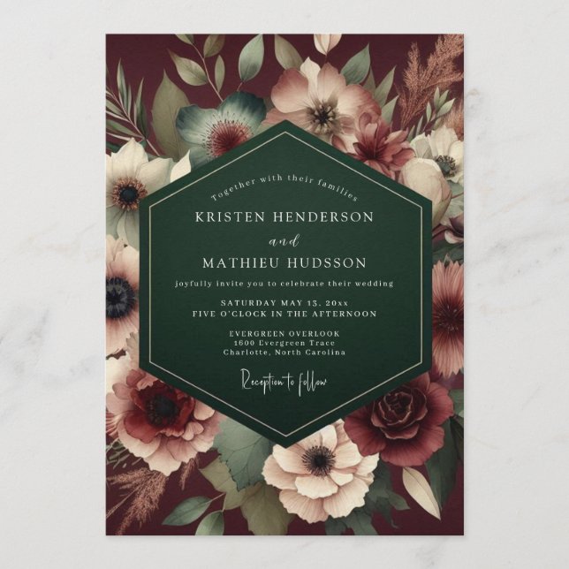 Convites Casamento Floral Sombrio Borgonha (Frente)