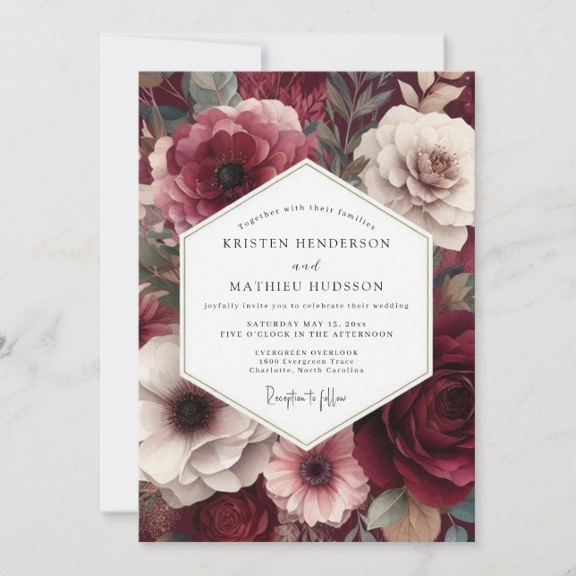 Convites Casamento Floral Sombrio Borgonha (Frente)