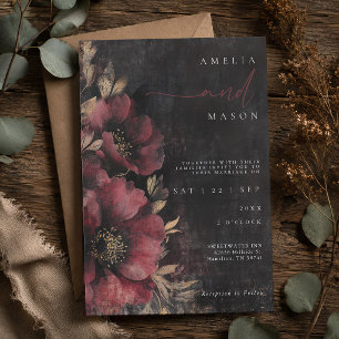 Convites Casamento Floral Sombrio Burgundy e Preto