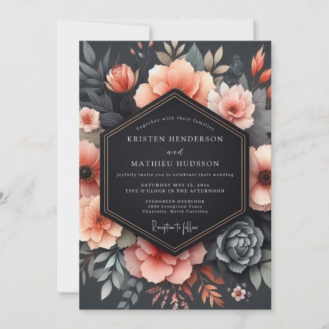 Convites Casamento Floral Sombrio Coral (Frente)