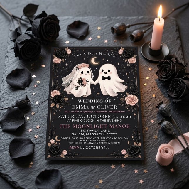 Convites Casamento Floral Sombrio de Halloween com Fantasma (Criador carregado)