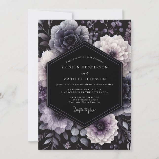 Convites Casamento Floral Sombrio Deep Purple (Frente)