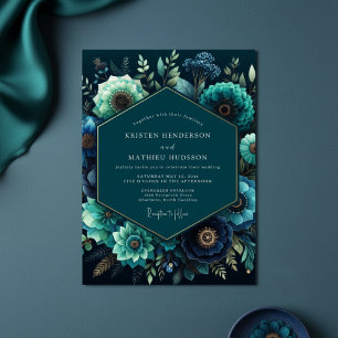 Convites Casamento Floral Sombrio Opulento em Azul Turquesa