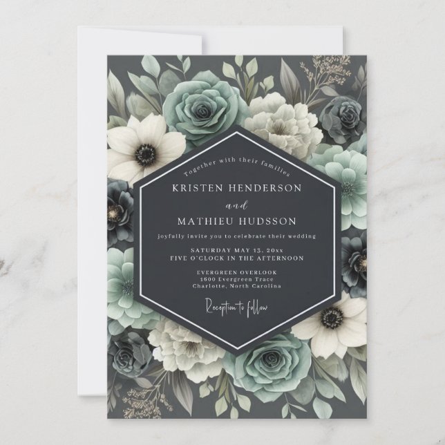 Convites Casamento Floral Sombrio Slate & Ivory (Frente)