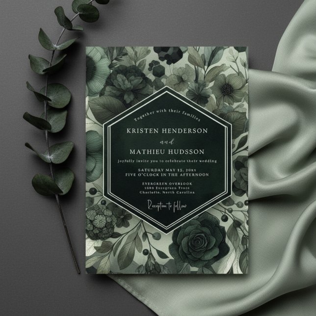 Convites Casamento Floral Sombrio Verde Profundo (Criador carregado)