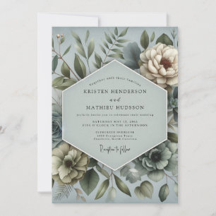 Convites Casamento Floral Sonhador Azul Aço