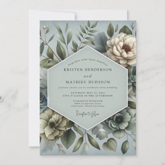 Convites Casamento Floral Sonhador Azul Aço (Frente)