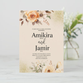 Convites Casamento Floral Sonhador em Aquarela Bege Pêssego