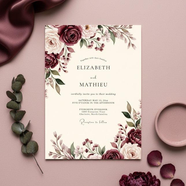 Convites Casamento Floral Soturno Borgonha (Criador carregado)