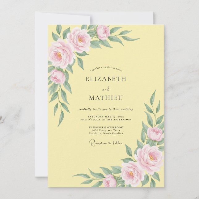 Convites Casamento Floral Suave Amarelo Pálido (Frente)
