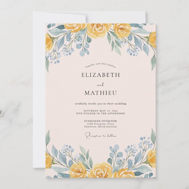 Convites Casamento Floral Suave Amarelo Romance (Frente)