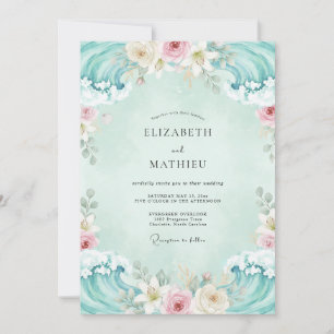Convites Casamento Floral Suave Aqua