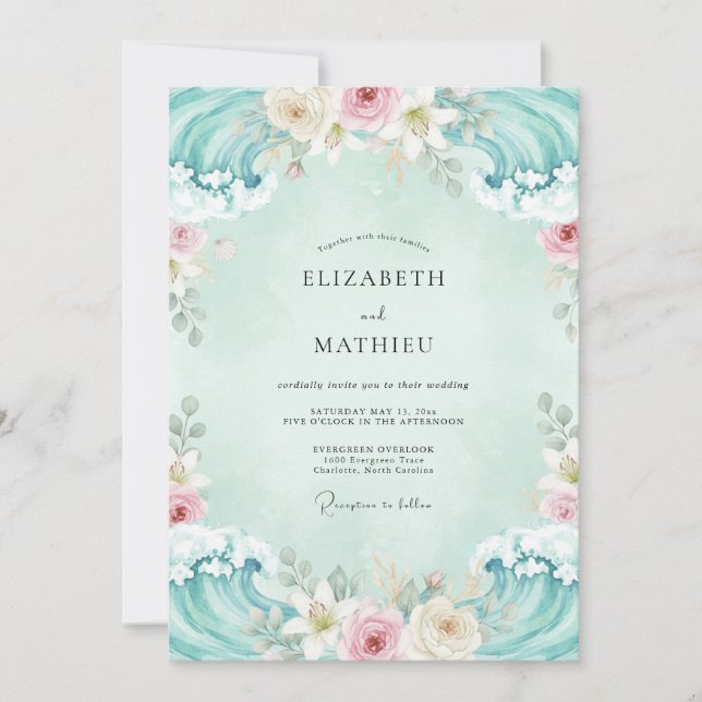 Convites Casamento Floral Suave Aqua (Frente)