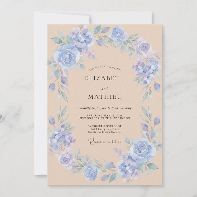 Convites Casamento Floral Suave Azul (Frente)