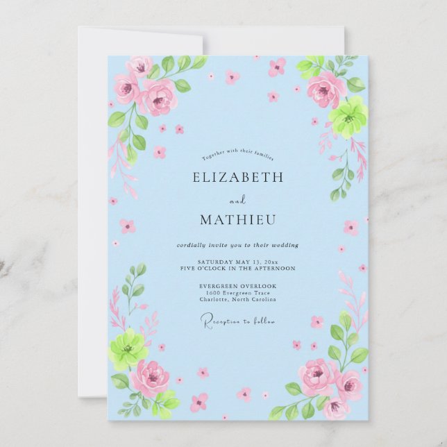Convites Casamento Floral Suave Céu Azul (Frente)