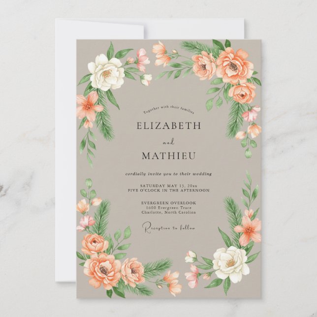 Convites Casamento Floral Suave de Coral (Frente)