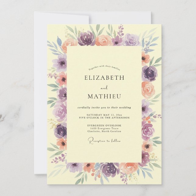 Convites Casamento Floral Suave de Lavanda e Pêssego (Frente)