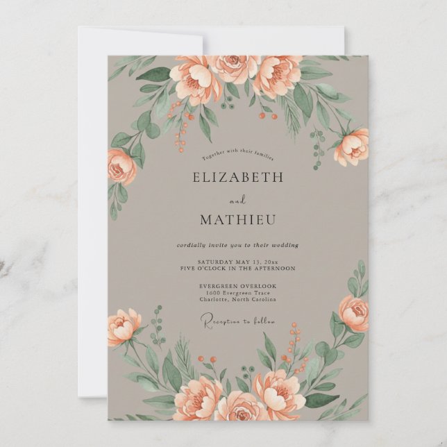 Convites Casamento Floral Suave de Pêssego (Frente)