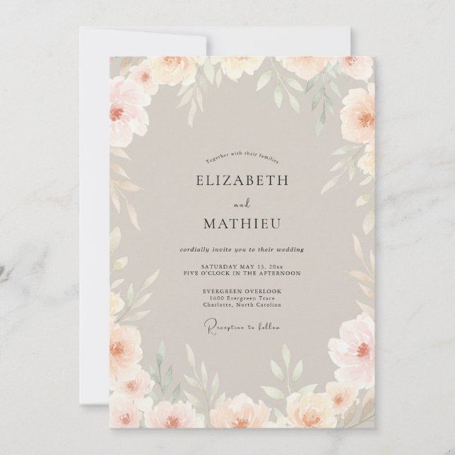 Convites Casamento Floral Suave de Pêssego Champagne (Frente)