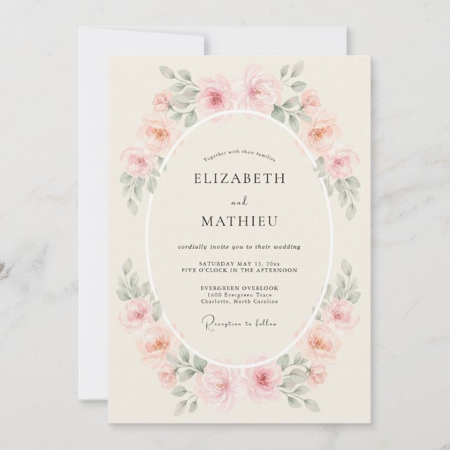 Convites Casamento Floral Suave de Pêssego Romance (Frente)