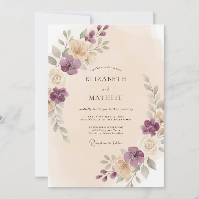 Convites Casamento Floral Suave de Romance de Ameixa (Frente)