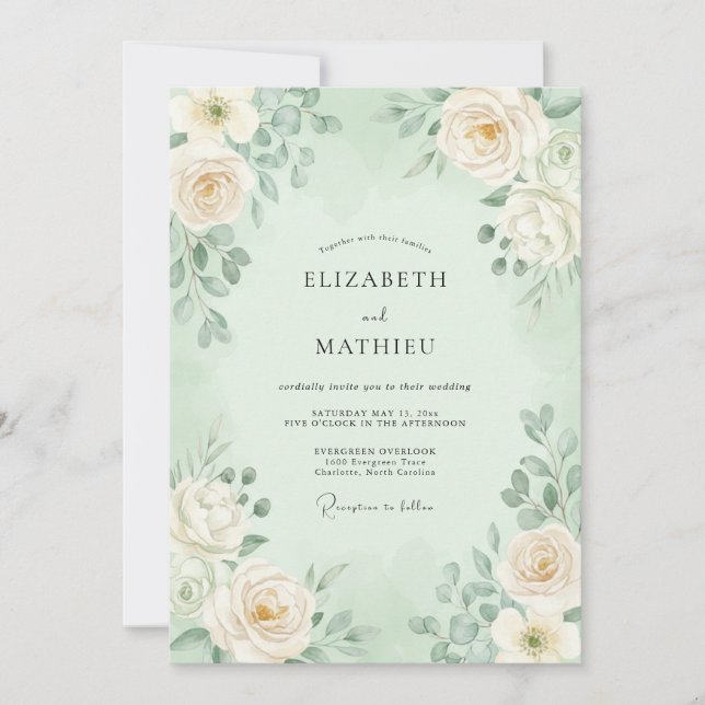 Convites Casamento Floral Suave de Romance em Verde-Menta (Frente)