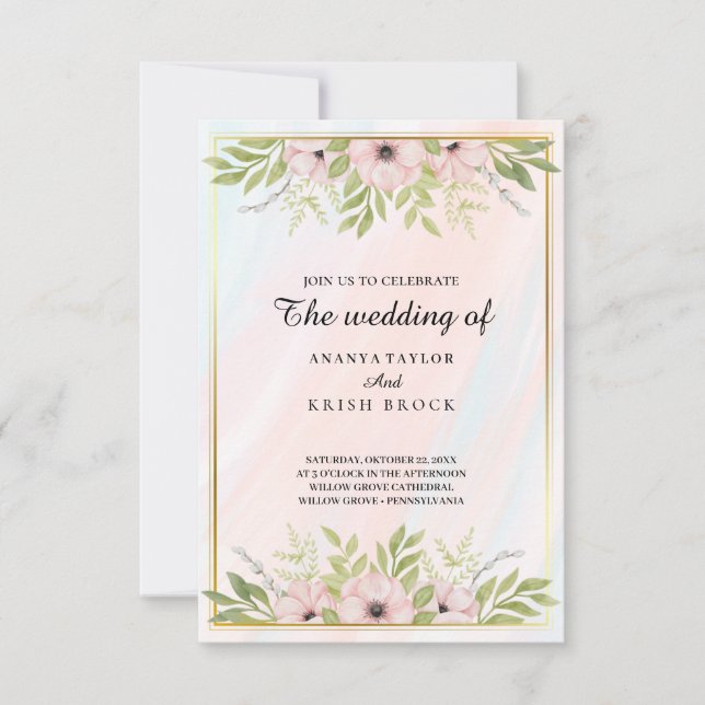 Convites Casamento Floral Suave e Rosa (Frente)
