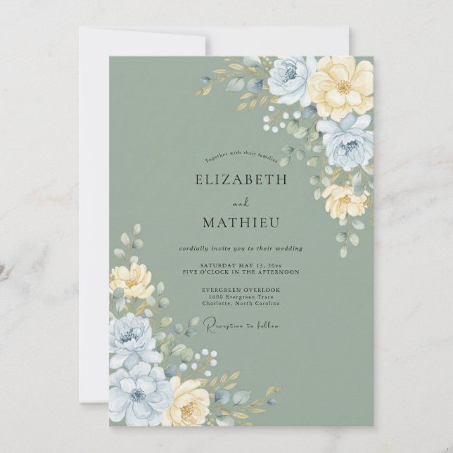 Convites Casamento Floral Suave em Amarelo Sage (Frente)