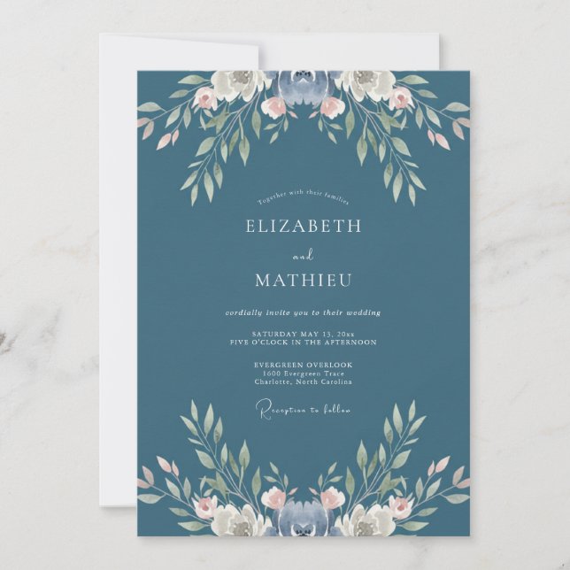 Convites Casamento Floral Suave em Azul Ardósia (Frente)