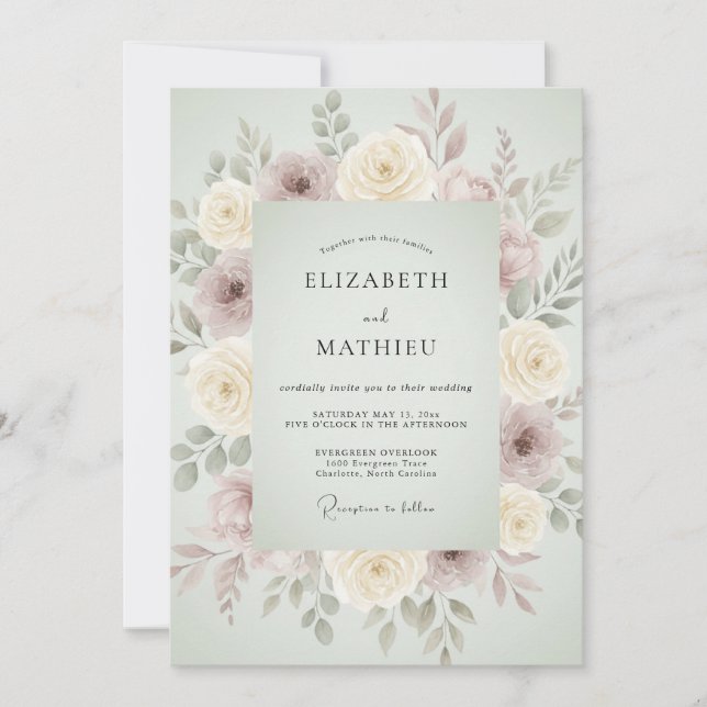 Convites Casamento Floral Suave em Verde Sage (Frente)