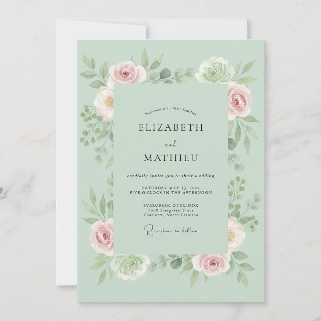 Convites Casamento Floral Suave Embrulho de Hortelã (Frente)