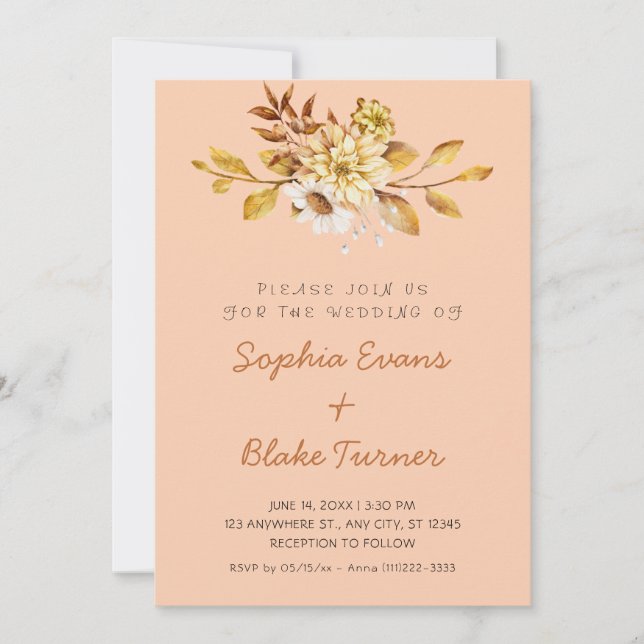 Convites Casamento Floral Suave Laranja Claro Rústico Antig (Frente)