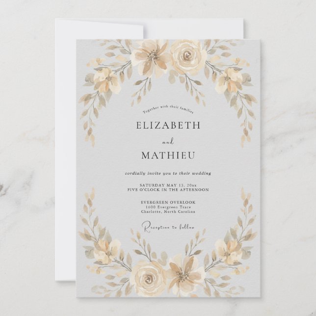 Convites Casamento Floral Suave Marfim (Frente)
