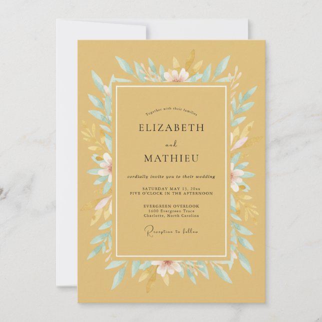 Convites Casamento Floral Suave Romance Mostarda (Frente)