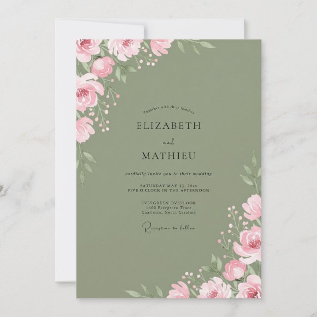 Convites Casamento Floral Suave Rosa Musgo (Frente)