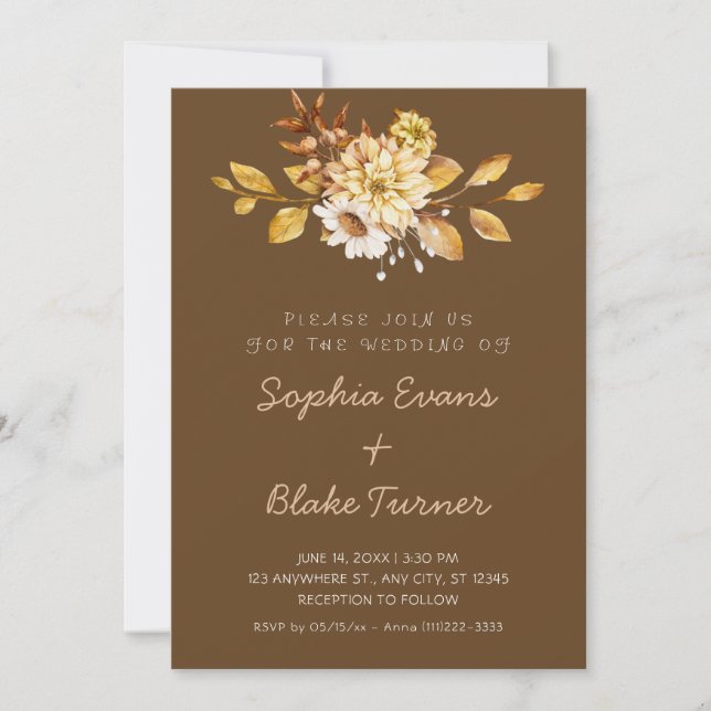 Convites Casamento Floral Suave Rústico Antigo Marrom Escur (Frente)