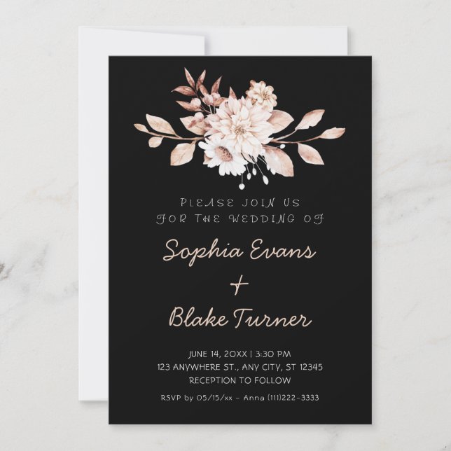 Convites Casamento Floral Suave Rústico Moderno Preto (Frente)