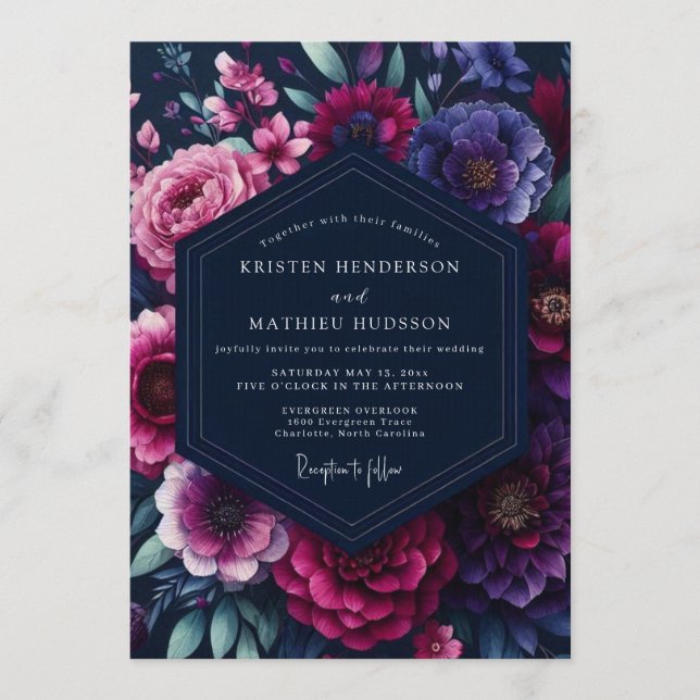 Convites Casamento Floral Suntuoso Azul Naval (Frente)