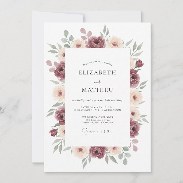 Convites Casamento Floral Suntuoso Borgonha (Frente)