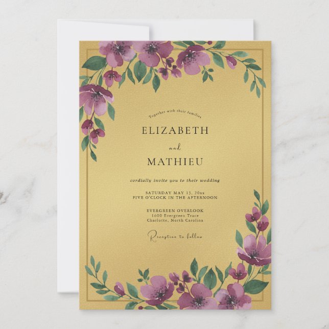 Convites Casamento Floral Suntuoso Dourado (Frente)