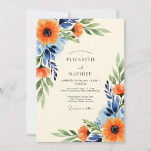Convites Casamento Floral Suntuoso Laranja Azul-Marinho