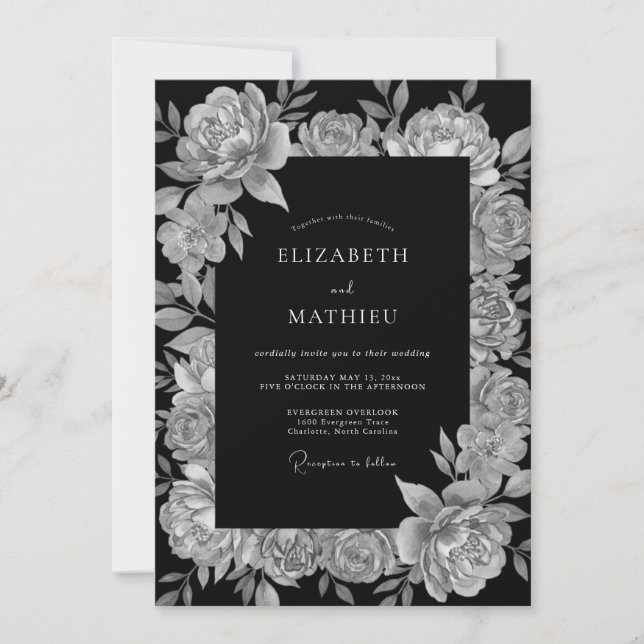 Convites Casamento Floral Suntuoso Preto (Frente)