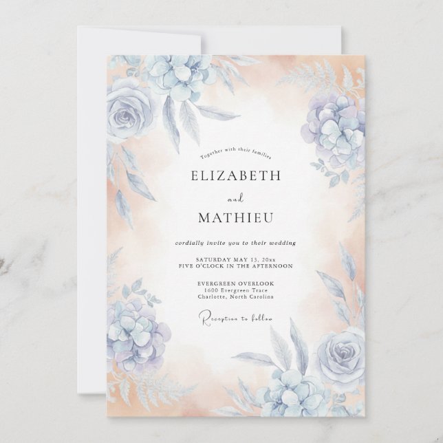 Convites Casamento Floral Sussurrante Azul Céu (Frente)