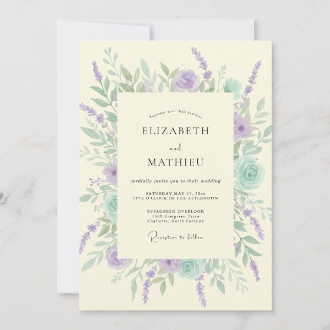 Convites Casamento Floral Sussurrante de Lavanda Menta (Frente)