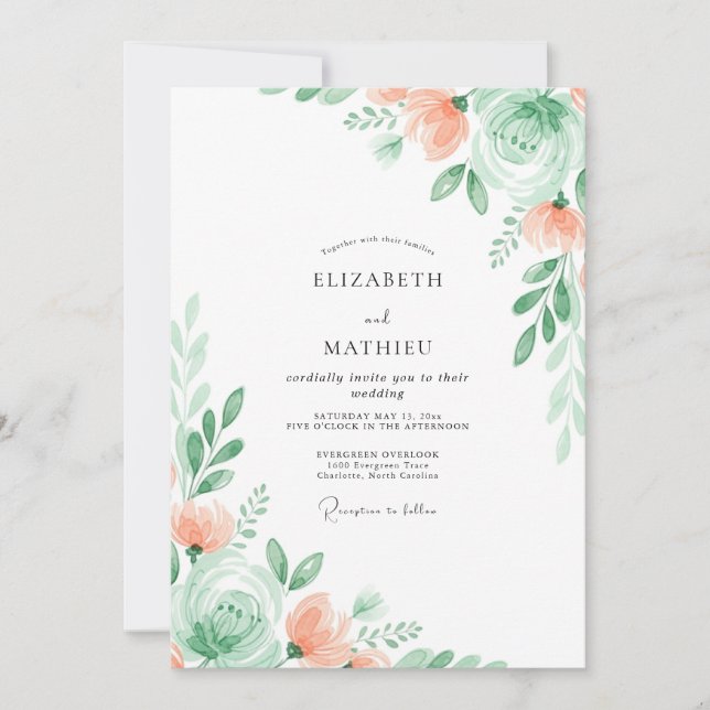 Convites Casamento Floral Sutil Verde Menta (Frente)