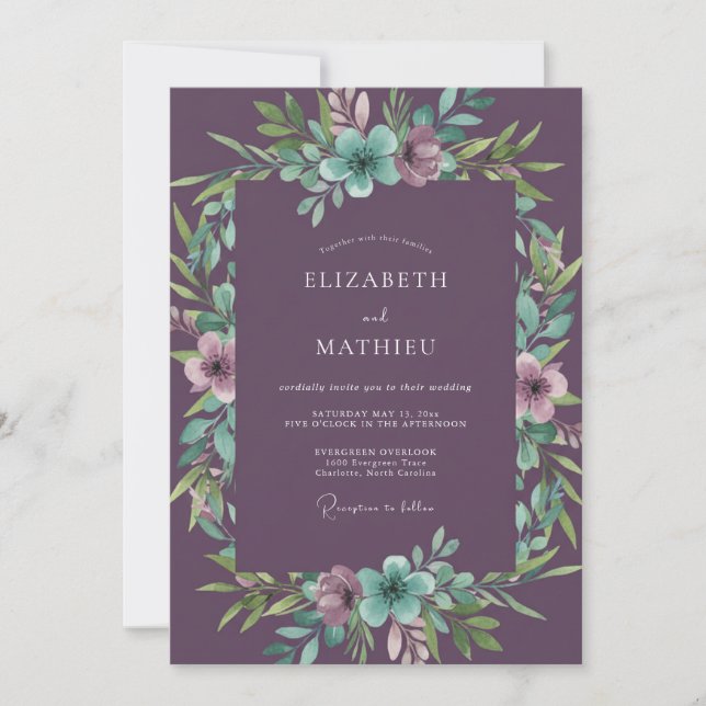 Convites Casamento Floral Teal Deep Purple (Frente)